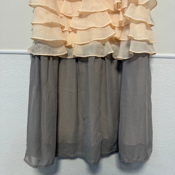 Mystree Women’s Beige Gray Ruffle Sleeveless Dress SZ M Chiffon stains as shown - Picture 13 of 14